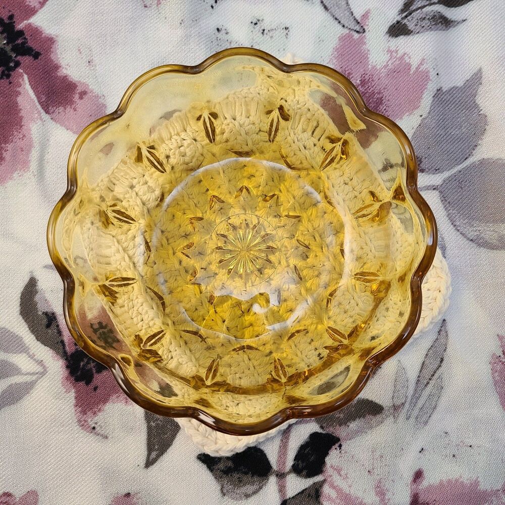Vintage Amber Glass Bowl 6" Starburst Scalloped Edge Retro Candy Dessert Dish